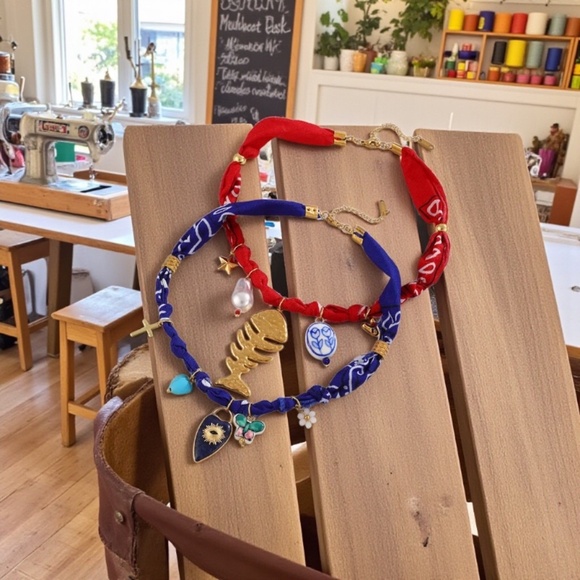 2 piece bandana necklaces , evil eye, beach themed, fish bone - Picture 2 of 7